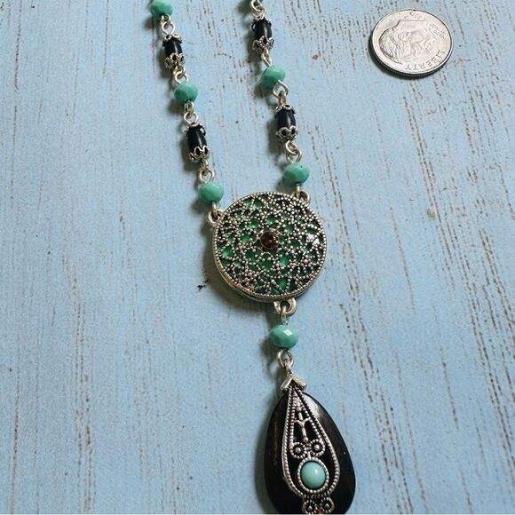 Avon Silver Turquoise Black Exotic Beaded Necklace - Picture 2 of 2